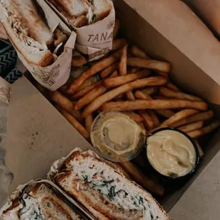 Rockfish Katsu (bottom) &amp; Fries &amp; Curried Aioli &amp; Pork Katsu (top)