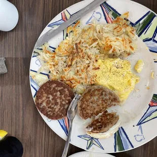 Hash-browns and sausage, scrambled