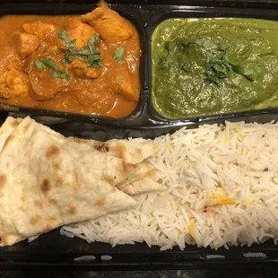Chicken Curry, Saag Paneer, Tandoori Naan, Bowl of rice