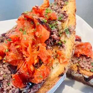 Tandem Toast Toasted Artisan Bread with Roasted Tomato, Mixed Olives, Balsamic Glaze  Locally sourced