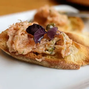 Salmon Rillette. Fresh and smoked, Pernod, creme fraiche. $11. Close-up of one of the spreads I made.