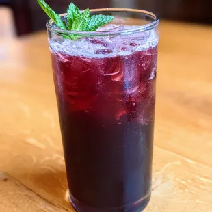 Blue Crush cocktail. Gordon&apos;s gin, blueberry-balsamic shrub, Frenet-Branca, lemon. $12.