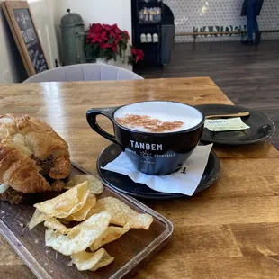 Chicken salad croissant with a HOT chai latte with added vanilla bean