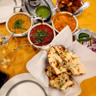 Naan, Lamb Tikka, Chicken and Dhal