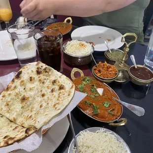 Chicken tikka masala, chutney sampler, garlic naan.