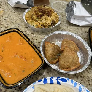 Chicken Tikka Masala, Lamb Biriyani, butter nan, Vegetable Samosa
