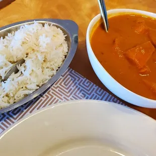 A tasty Chicken Tikka Masala served with basmati rice