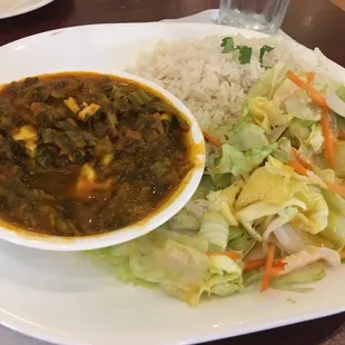 Saag paneer. Much more tomato flavor than I&apos;m used to and not quite enough salt.