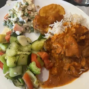 Cucumber salad, broccoli cauliflower, tandoor chicken.