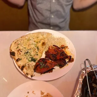 Garlic Naan, Rice, and 1/4 Tandoori Chicken