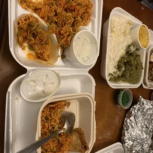 Vegetable Biryani With Raita and Palak Paneer and Vegetable Samosas