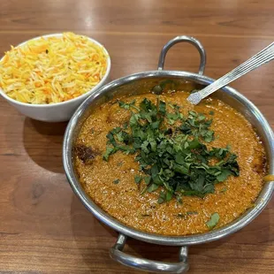 Chicken tikka masala (medium spice) w/rice.  Flavor was complex and delicious.  Sauce was amazing!