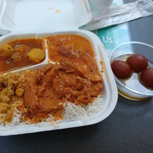 Butter Chicken with Rice, potatoes  and Gulab Jamin
