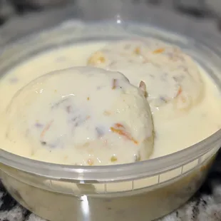 Rasmalai. Creamy and milky syrup with chhena (&quot;cottage cheese&quot;) balls. Syrup ingredients: milk, sugar, cream, and saffron. $4.