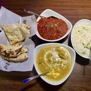 Garlic Naan, Fish Vindaloo, Chicken Korma