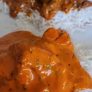 Tikka masala, lamb curry, rice side,