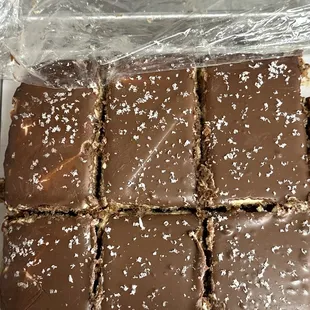 a close up of a tray of brownies