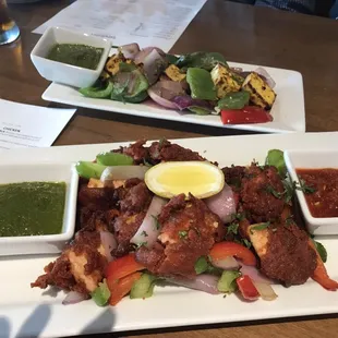 Chicken 65 &amp; Paneer Tikka.. kinda like a gentle lite fried cheese. Delicious sautéed veggies.