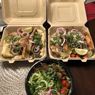 2 butter chicken naan tacos, 1 grilled shrimp naan taco, 1 tri-tip naan taco, and 1 tri-tip bowl