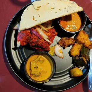 Chicken Tandoori, Korma , Chicken Tikka masala, Eggplant-potato