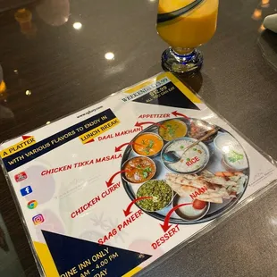 Buffet menu and Mango Lassi