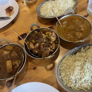 Chicken Vindaloo, Aloo Gobi, Goat Korma, Plain Rice