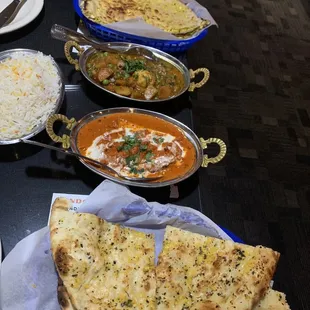 Paneer Naan Bread, Butter Chicken, Garlic &amp; Basil Naan, Vegetable Curry