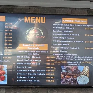 a menu and prices