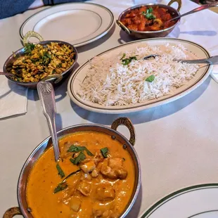 Chicken Korma, egg Bhurji, mushroom and potato Bhoona