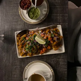 Samosa chaat, chutney and masala tea.