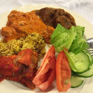 From the buffet - Butter Chicken, Lamb Curry, Tandori Chicken, Rice and Salad