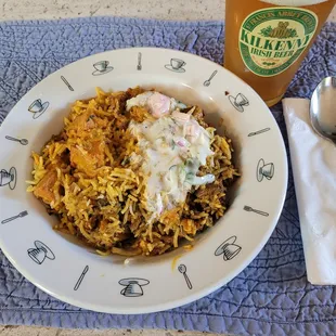 Chicken tikka masala (left) and lamb biryani.