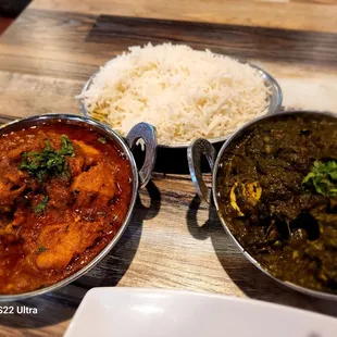 Curry Chicken and Saag Paneer with Basmati rice and garlic nan.