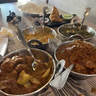 Lamb karahi, veggie korma, saag paneer, goat curry