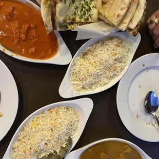 Butter Chicken, Curry Chicken, Garlic &amp; Cheese Naan