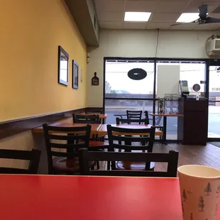 a red table and chairs