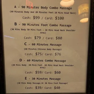 Most recent menu of services. 8/8/22