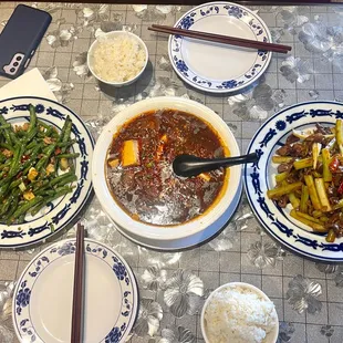 a variety of dishes on a table