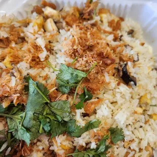 Plant based chicken &amp; mushrooms fried rice $15 for togo 8/7/24