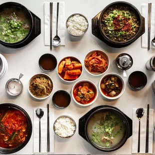 From top left to bottom right: Ox Bone Broth w/Brisket, Beef Bone Broth, Ox Blood Hangover Soup, Spicy Stew of Shredded Flank Beef.