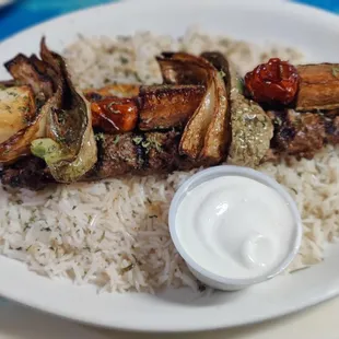 Kefta and chicken kebab with veggie skewer