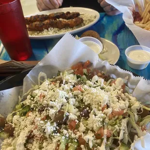 The Sultan Gyro and the Chicken Kebabs Plate with Falafel Plate