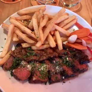 Steak frites. It also came with a delicious salad!