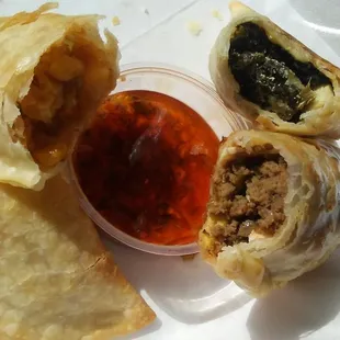 Empanadas, Corn, Spinach and Beef, with a dipping sauce . . .