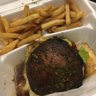 Tango01 burger on a mushroom bun with fries