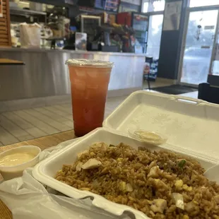 Chicken fried rice . Strawberry lemonade