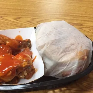 Beer 、chicken sandwich and buffalo wings