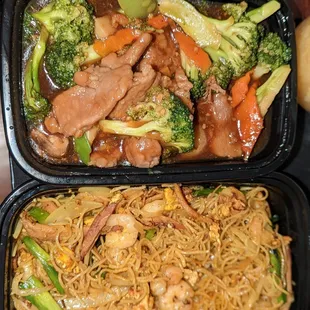 Beef and broccoli and Singapore style noodles