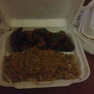 This is a one entree plate served with spicy chicken and fried rice...delicious