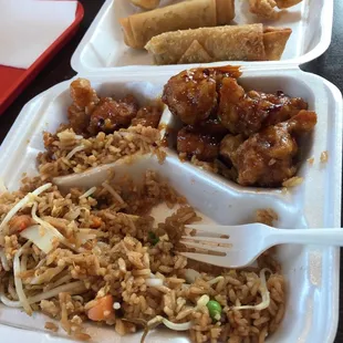 General tso chicken w/ fried rice variety egg rolls an cream cheese dumplings 5 stars